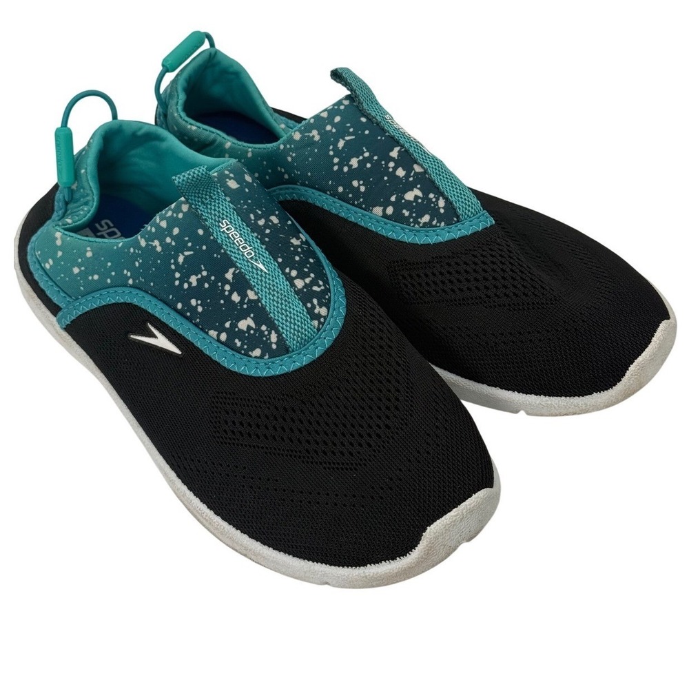 EUC Speedo Junior Aqua Skimmer Water Shoes - Black/Teal Splatter - Size L (4-5)